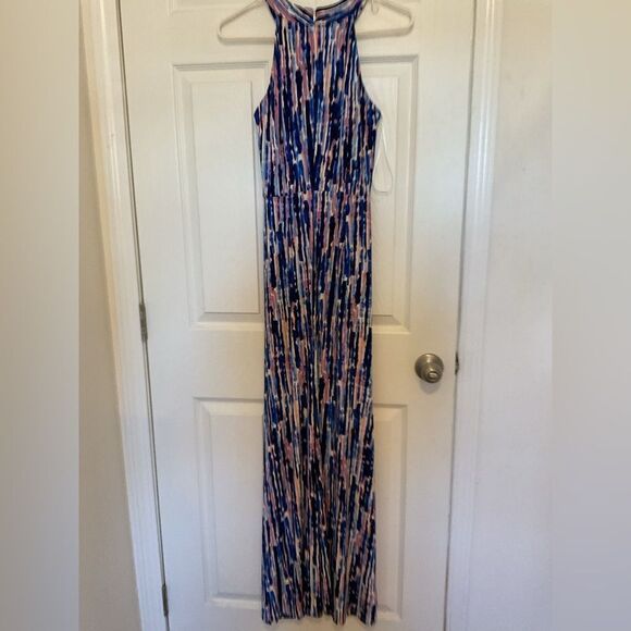Eliza J Halter Neck Twist Front Blue Printed Maxi Dress Size 4 - Picture 3 of 7
